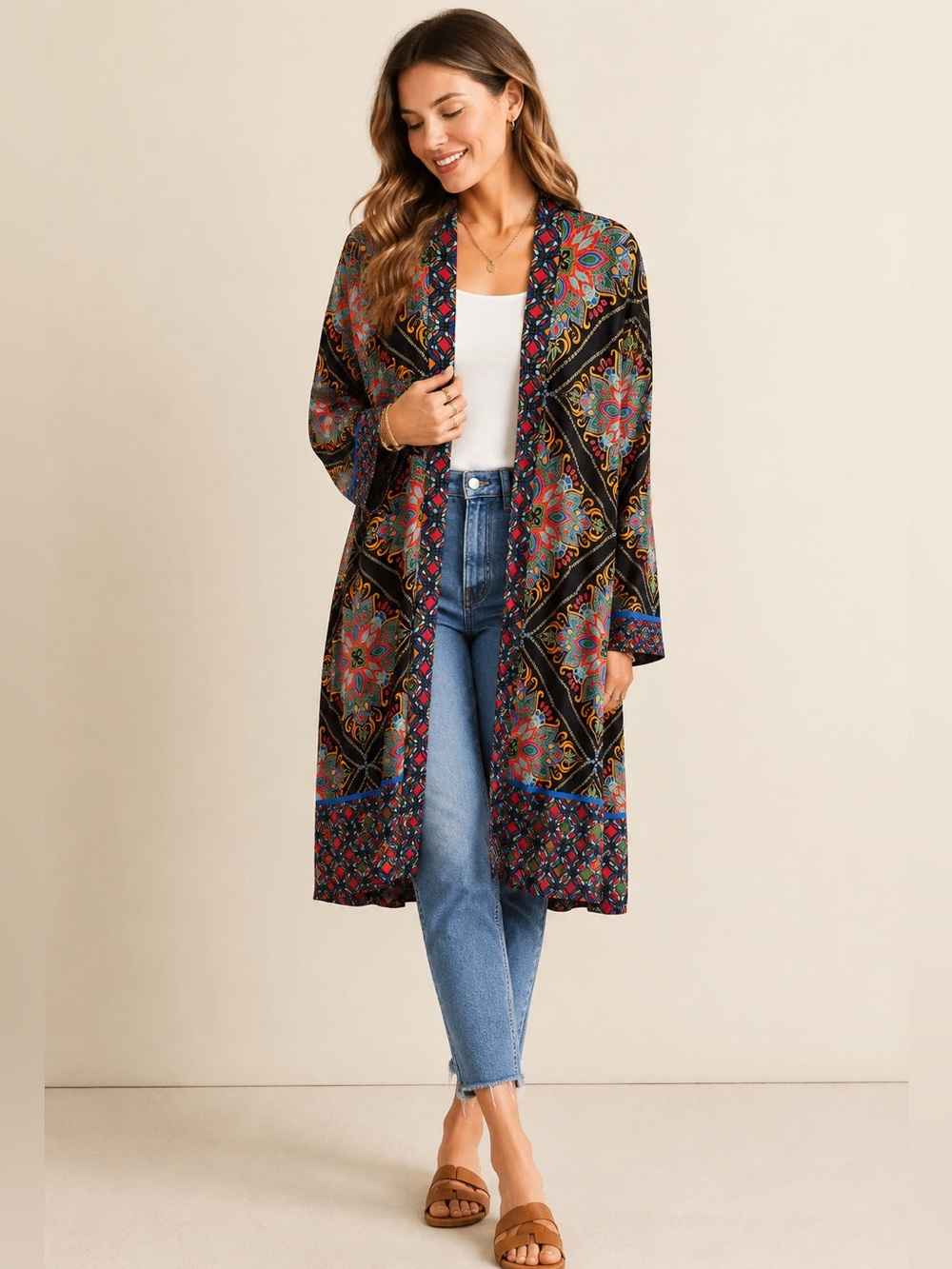 Blank London Boho Medallion Kimono Duster One Size 100% Viscose Open Front